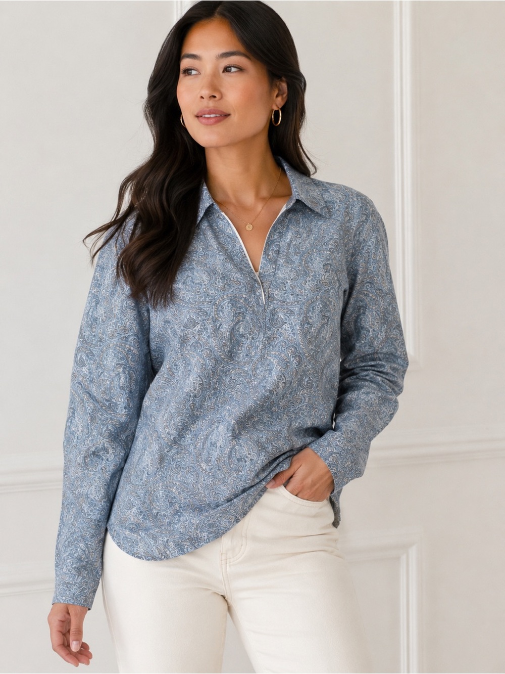 FINLEY - Blue Paisley Long-Sleeve Shirt - Women
